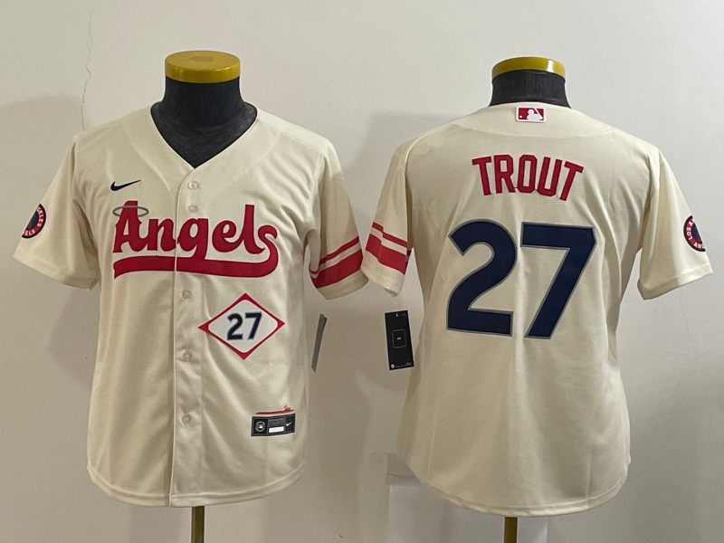 Los Angeles Angels Kids TROUT #27 Cream MLB Jersey 02