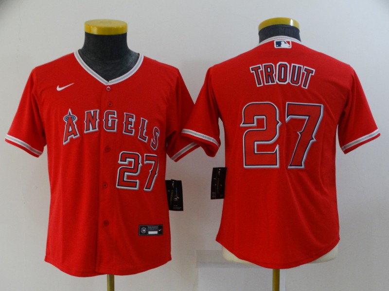Los Angeles Angels Kids TROUT #27 Red MLB Jersey 02