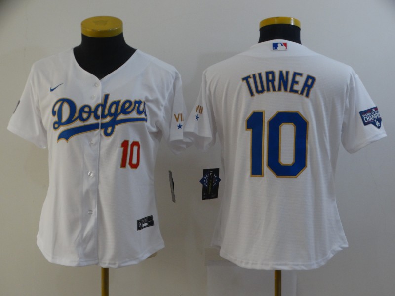 Los Angeles Dodgers TURNER #10 White Champion Women Baseball Jersey 02