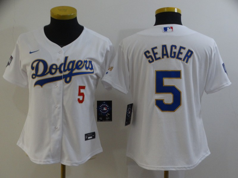 Los Angeles Dodgers SEAGER #5 White Champion Women Baseball Jersey 02