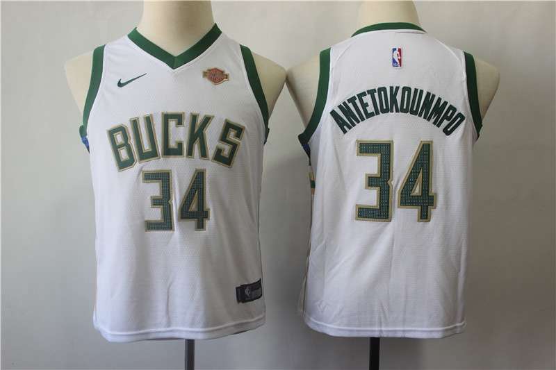 Milwaukee Bucks #34 ANTETOKOUNMPO White Young Basketball Jersey (Stitched)