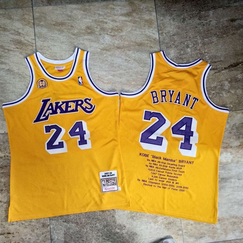 Los Angeles Lakers 2007/08 BRYANT #24 Yellow Classics Basketball Jersey 2 (Closely Stitched)