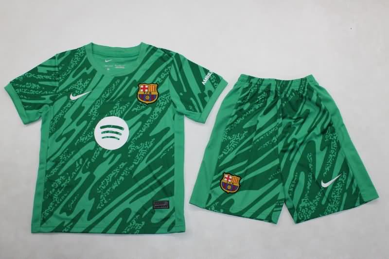 Barcelona 24/25 Kids Goalkeeper Green Soccer Jersey And Shorts Sponsor