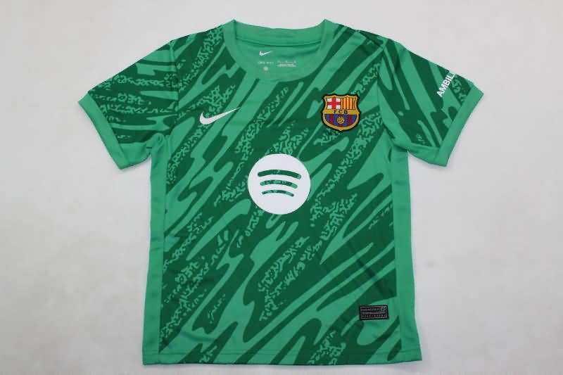 Barcelona 24/25 Kids Goalkeeper Green Soccer Jersey And Shorts Sponsor