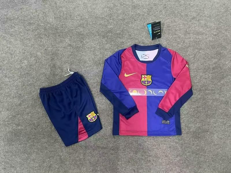 Barcelona 24/25 Kids Home Long Sleeve Soccer Jersey And Shorts Sponsor 02