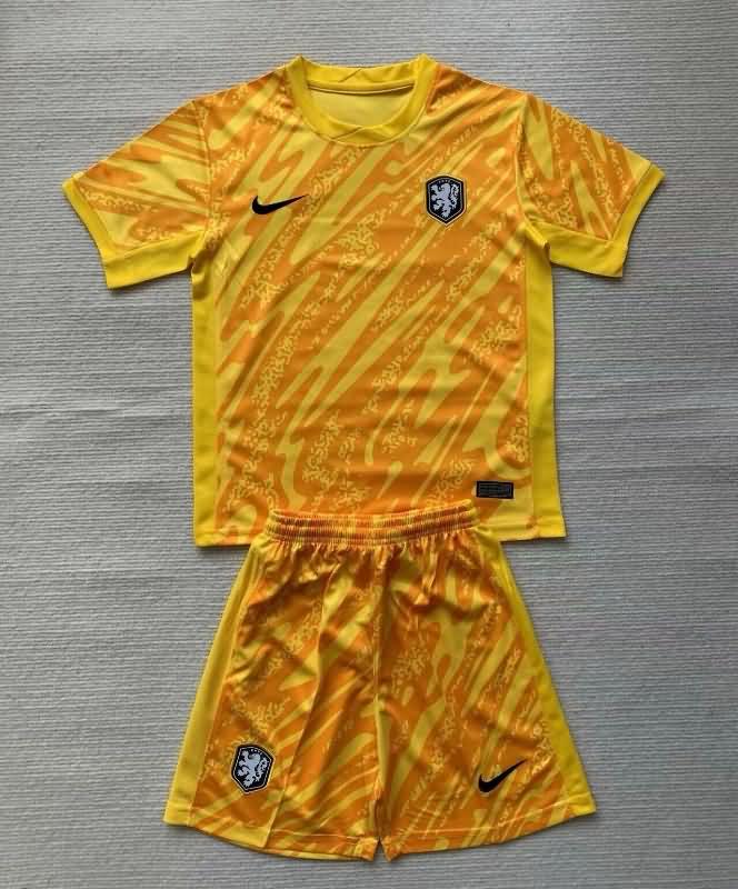 Netherlands 2024 Kids Goalkeeper Yellow Soccer Jersey And Shorts
