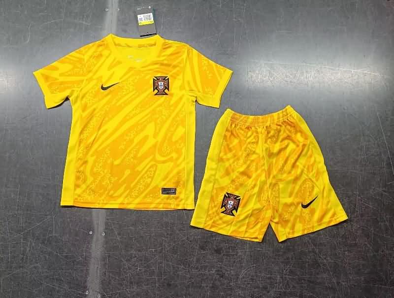 Portugal 2024 Kids Goalkeeper Yellow Soccer Jersey And Shorts
