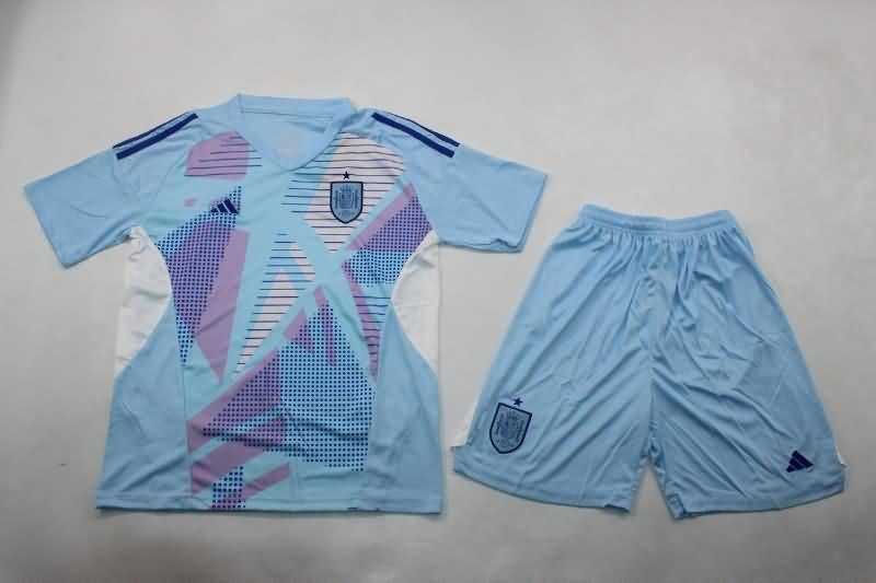 Spain 2024 Kids Goalkeeper Blue Soccer Jersey And Shorts