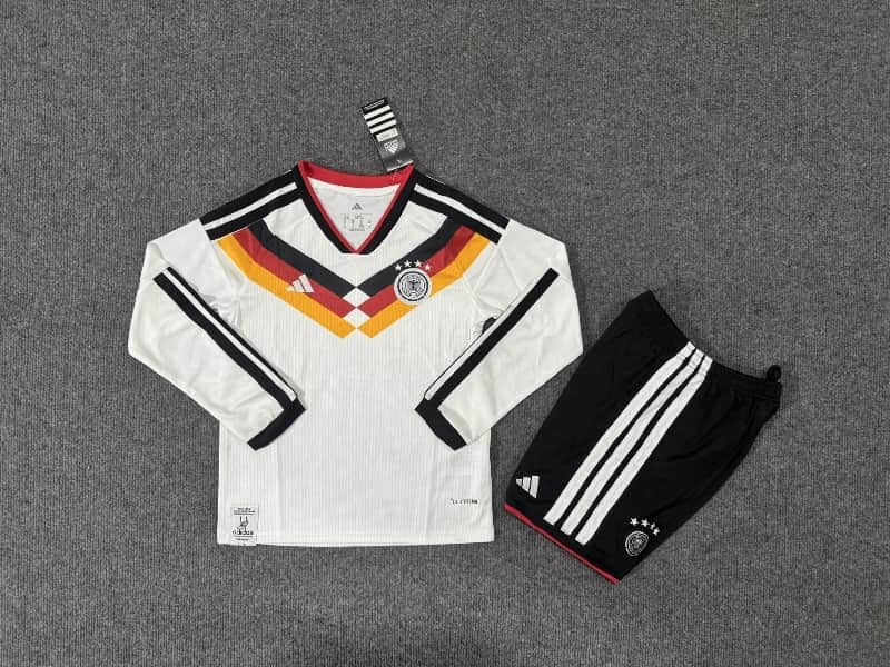 Germany 2026 Kids World Cup Home Long Sleeve Soccer Jersey And Shorts Germany 2026 Kids World Cup Home Long Sleeve Soccer Jersey And Shorts