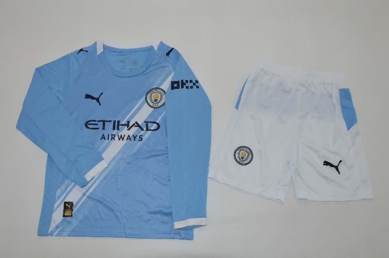 Manchester City 25/26 Kids Home Long Sleeve Soccer Jersey And Shorts Manchester City 25/26 Kids Home Long Sleeve Soccer Jersey And Shorts