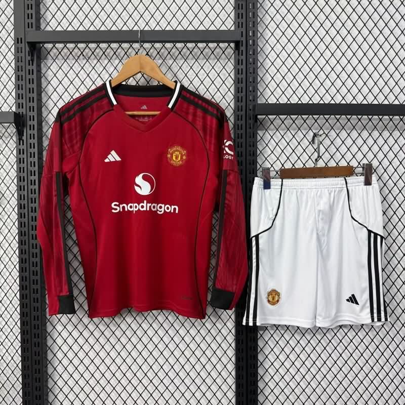 Manchester United 25/26 Kids Home Long Sleeve Soccer Jersey And Shorts Manchester United 25/26 Kids Home Long Sleeve Soccer Jersey And Shorts