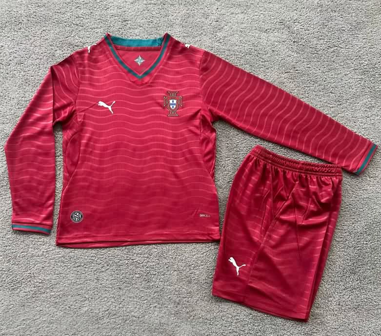 Portugal 2026 Kids World Cup Home Long Sleeve Soccer Jersey And Shorts Portugal 2026 Kids World Cup Home Long Sleeve Soccer Jersey And Shorts