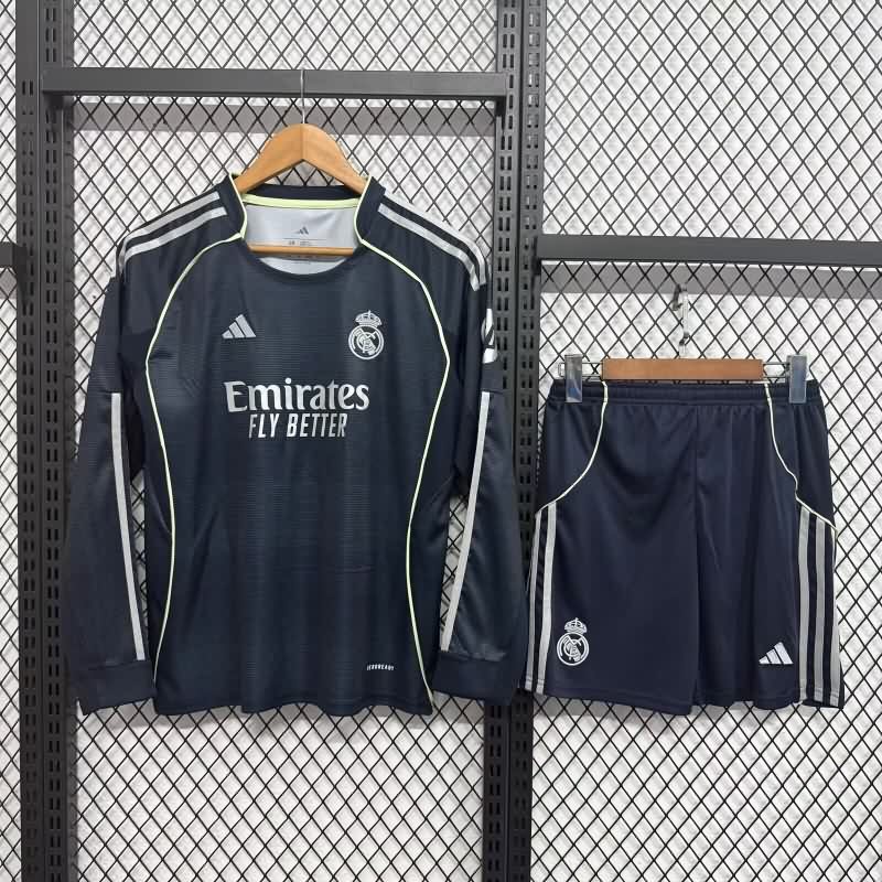 Real Madrid 25/26 Kids Away Long Sleeve Soccer Jersey And Shorts Real Madrid 25/26 Kids Away Long Sleeve Soccer Jersey And Shorts