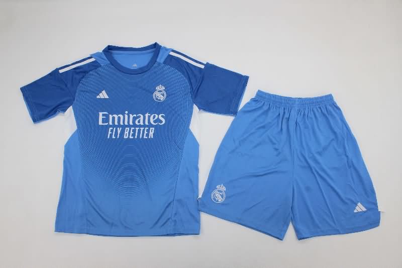 Real Madrid 25/26 Kids Goalkeeper Blue Soccer Jersey And Shorts Real Madrid 25/26 Kids Goalkeeper Blue Soccer Jersey And Shorts