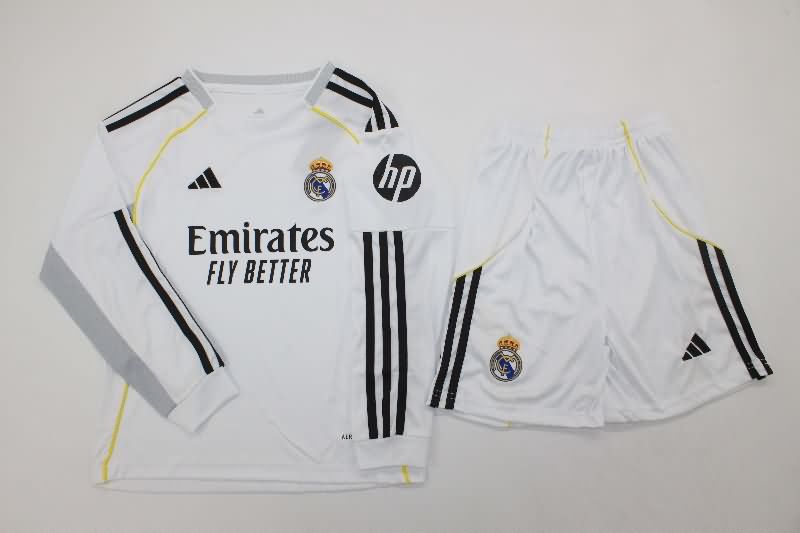 Real Madrid 25/26 Kids Home Long Sleeve Soccer Jersey And Shorts Real Madrid 25/26 Kids Home Long Sleeve Soccer Jersey And Shorts