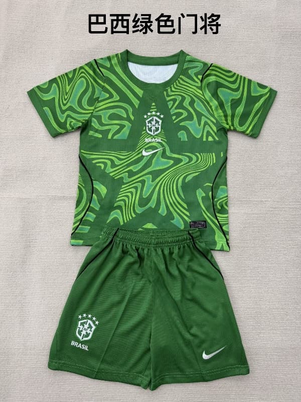 Brazil 2026 Kids Goalkeeper Green Soccer Jersey And Shorts Brazil 2026 Kids Goalkeeper Green Soccer Jersey And Shorts