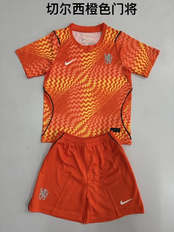 Chelsea 26/27 Kids Goalkeeper Orange Soccer Jersey And Shorts