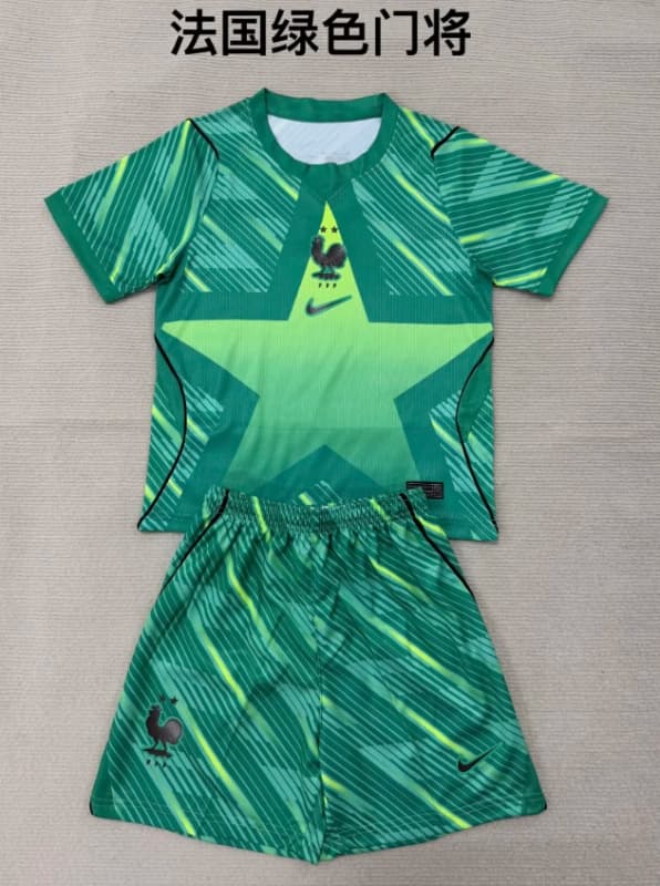 France 2026 Kids World Cup Goalkeeper Green Soccer Jersey And Shorts France 2026 Kids World Cup Goalkeeper Green Soccer Jersey And Shorts