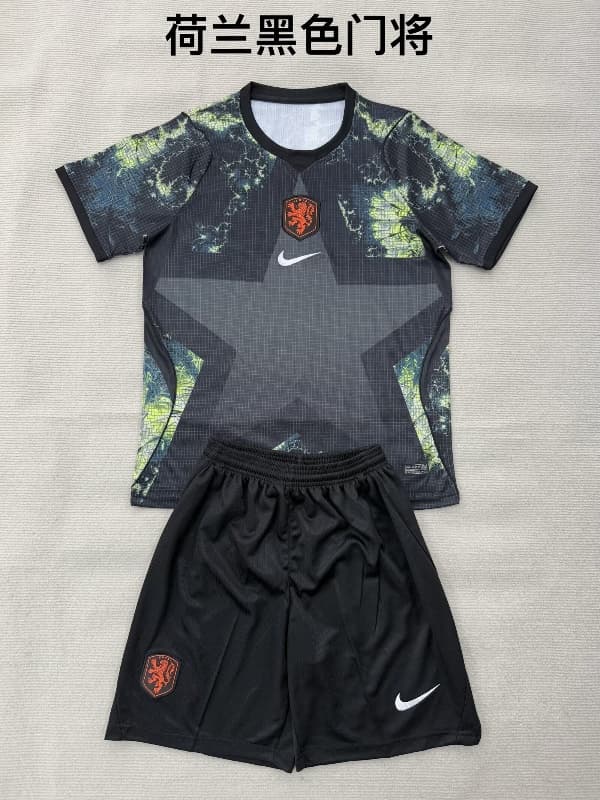 Netherlands 2026 Kids Goalkeeper Black Soccer Jersey And Shorts Netherlands 2026 Kids Goalkeeper Black Soccer Jersey And Shorts