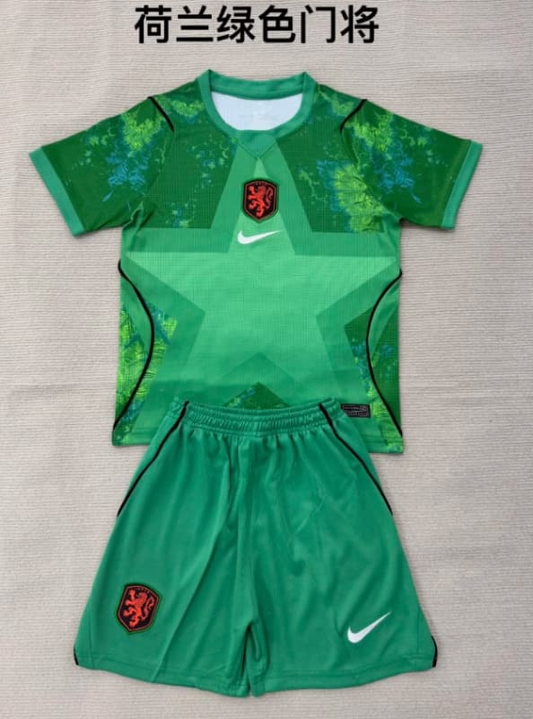 Netherlands 2026 Kids Goalkeeper Green Soccer Jersey And Shorts Netherlands 2026 Kids Goalkeeper Green Soccer Jersey And Shorts