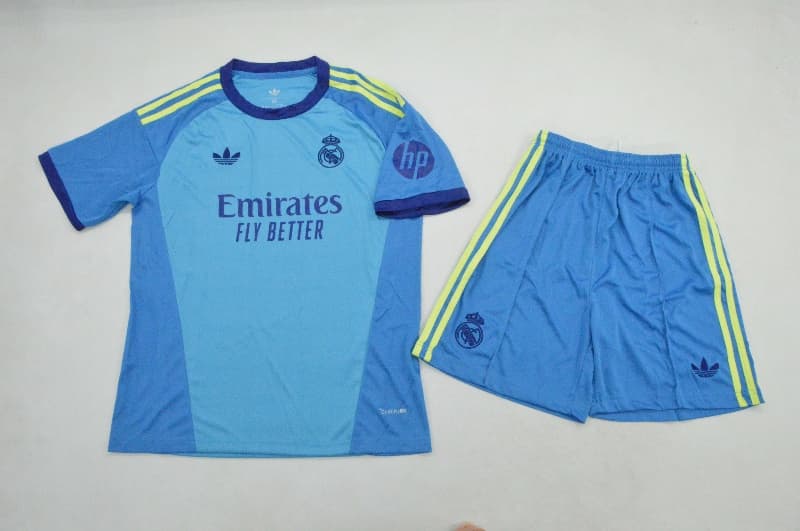Real Madrid 26/27 Kids Goalkeeper Blue Soccer Jersey And Shorts