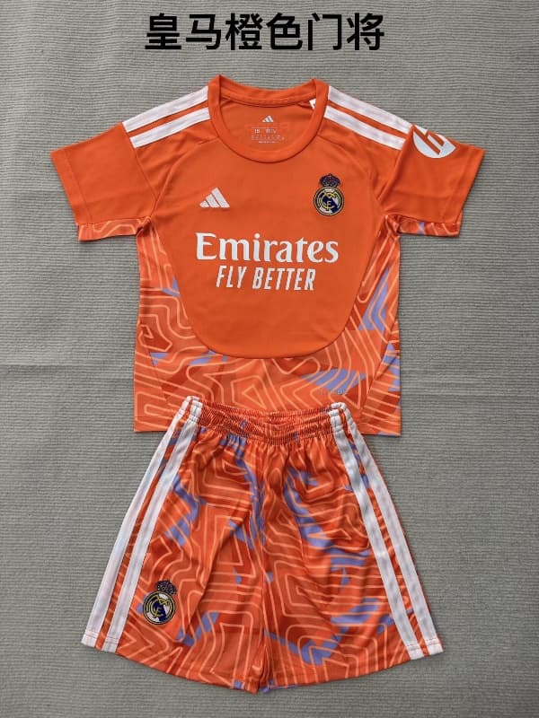 Real Madrid 26/27 Kids Goalkeeper Orange Soccer Jersey And Shorts