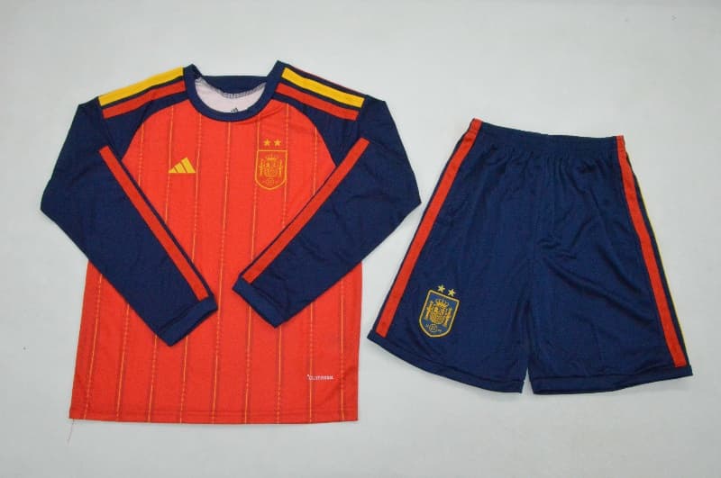 Spain 2026 Kids Home Long Sleeve Soccer Jersey And Shorts 2 Stars